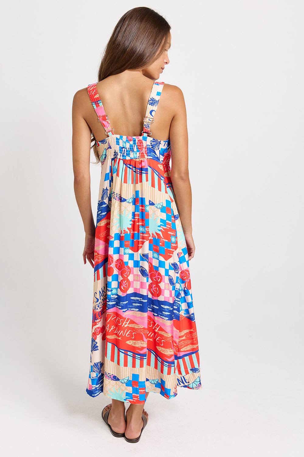 Model Genericm wearing size sample of the Sunset Dress – Mediterranean in colour Mediterranean, from the front