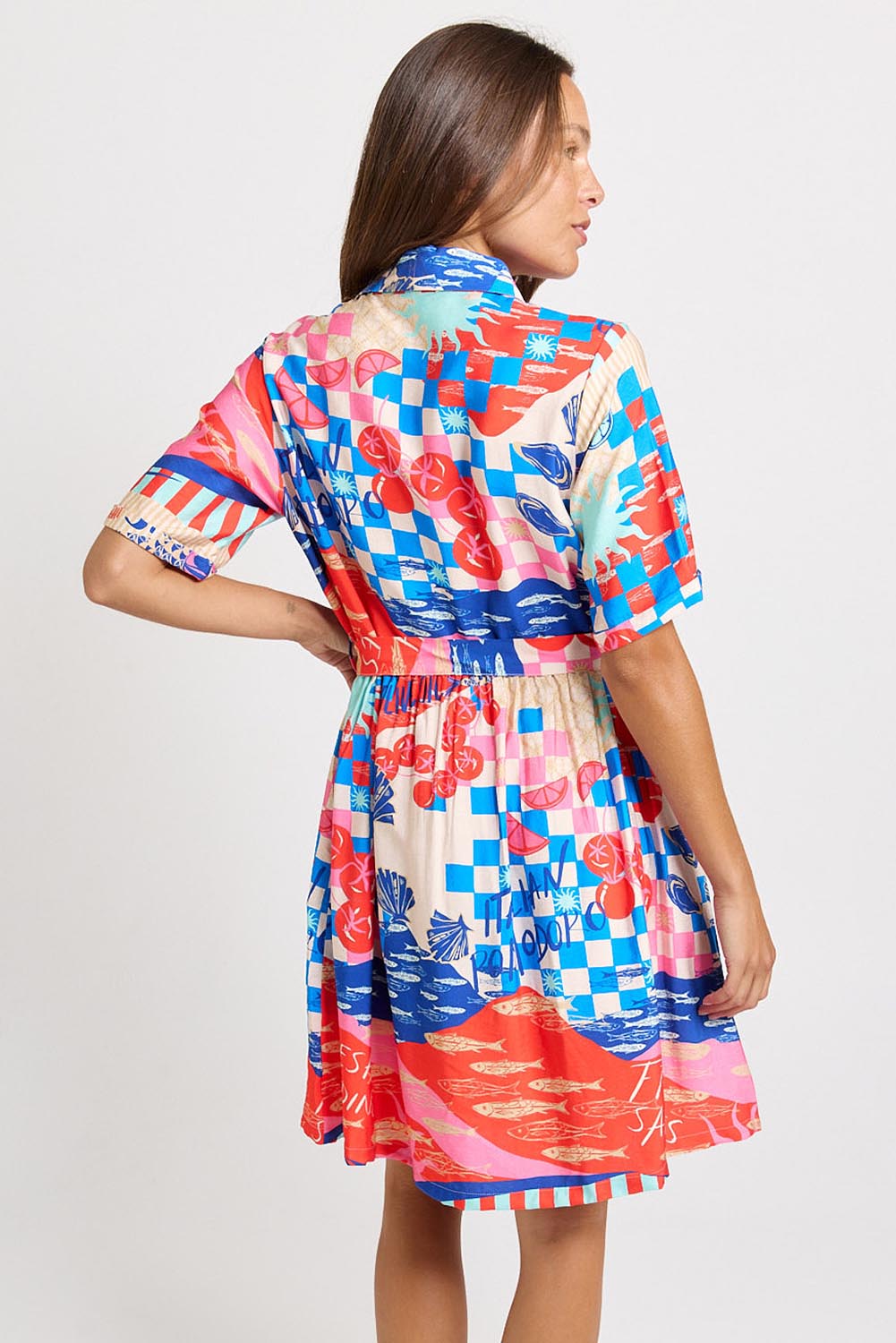Model Genericm wearing size sample of the Palm Shirt Dress – Mediterranean in colour Mediterranean, from the back