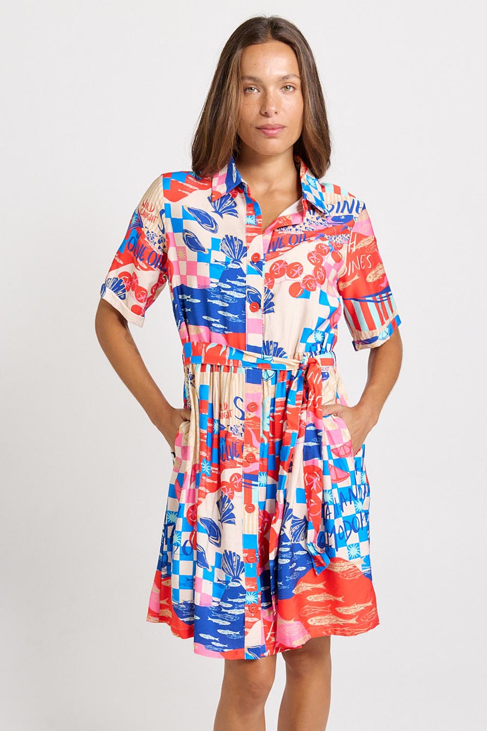 Model Genericm wearing size sample of the Palm Shirt Dress – Mediterranean in colour Mediterranean, in a cropped view