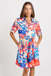 Model Genericm wearing size sample of the Palm Shirt Dress – Mediterranean in colour Mediterranean, in a cropped view