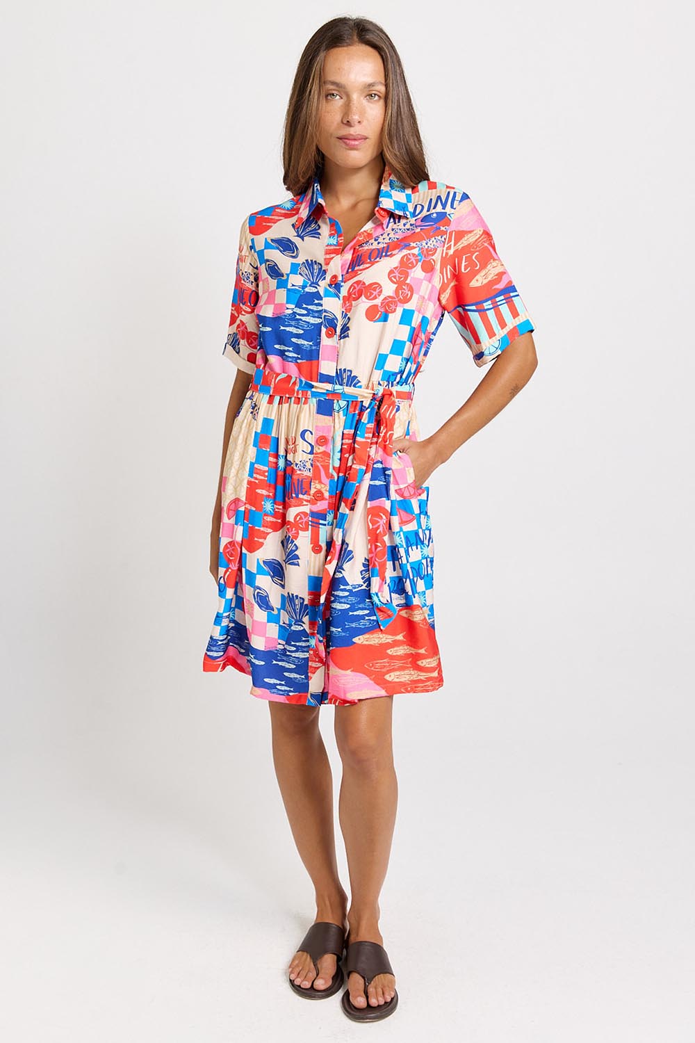 Model Genericm wearing size sample of the Palm Shirt Dress – Mediterranean in colour Mediterranean, from the front