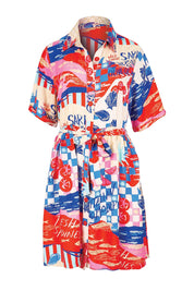 Product shot of the Palm Shirt Dress – Mediterranean in colour Mediterranean, from the front