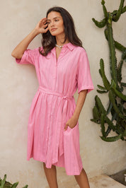 Model Genericm wearing size sample of the Palm Shirt Dress – Pinkteal in colour Pinkteal, from an angle