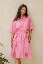 Model Genericm wearing size sample of the Palm Shirt Dress – Pinkteal in colour Pinkteal, in a cropped view