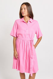 Model Genericm wearing size sample of the Palm Shirt Dress – Pinkteal in colour Pinkteal, in a cropped view