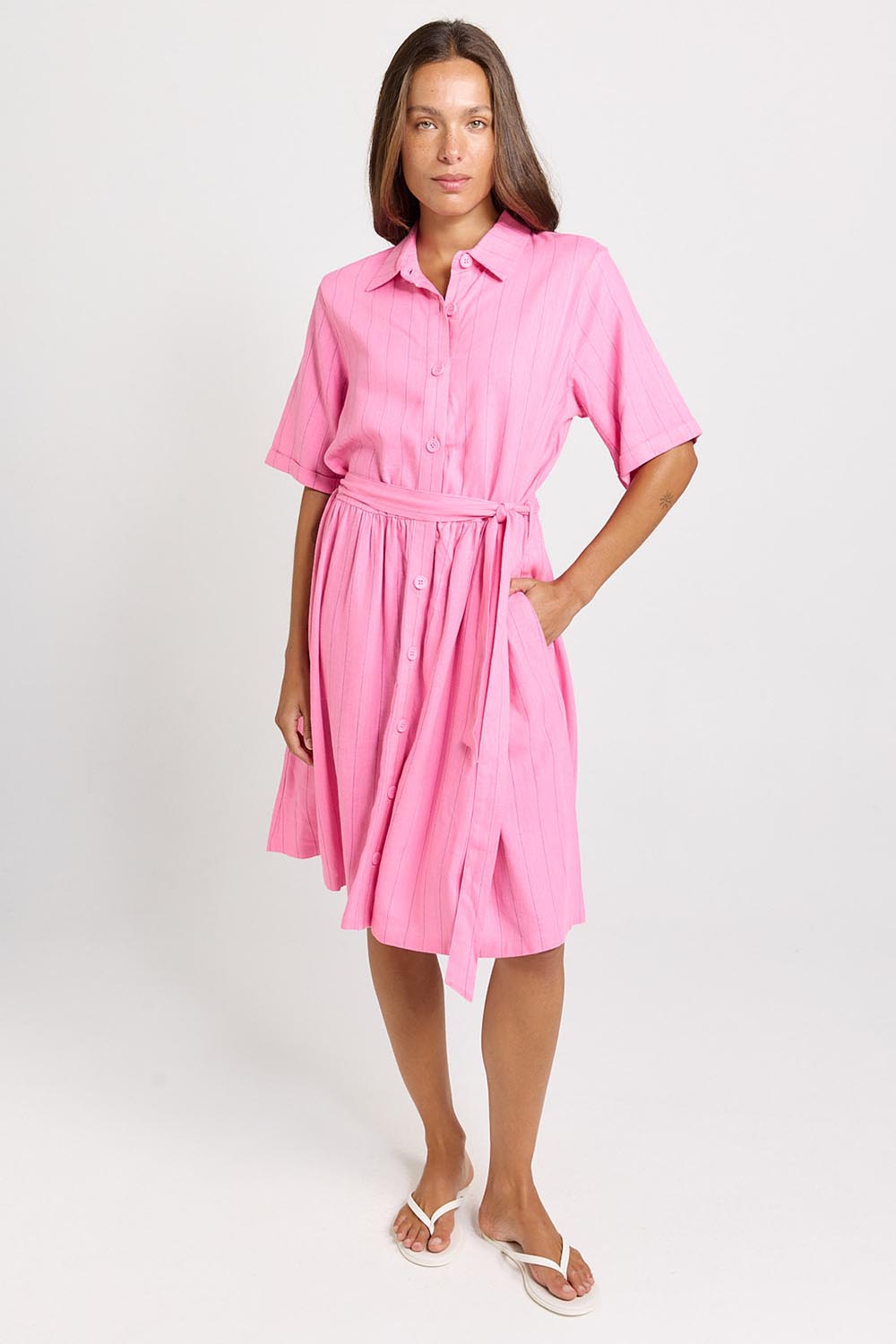 Model Genericm wearing size sample of the Palm Shirt Dress – Pinkteal in colour Pinkteal, from the front