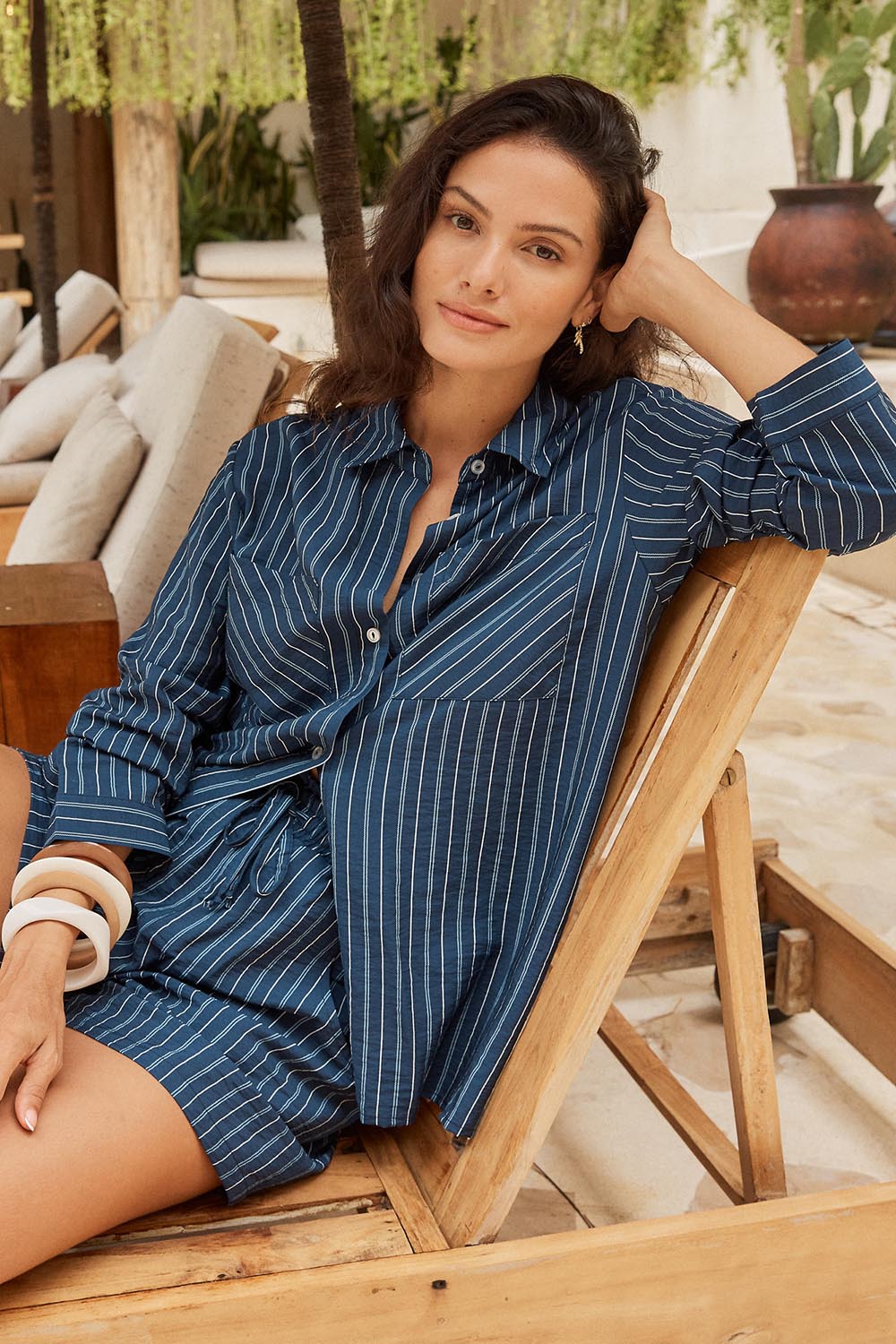 Model Genericm wearing size sample of the Sorrento Shirt – Blue in colour Blue, in a cropped view