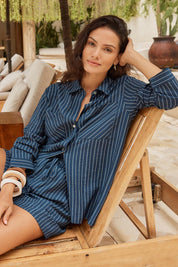 Model Genericm wearing size sample of the Sorrento Shirt – Blue in colour Blue, in a cropped view