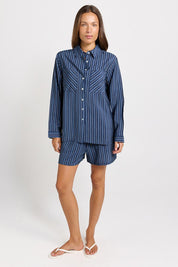 Model Genericm wearing size sample of the Sorrento Short – Blue in colour Blue, from the front