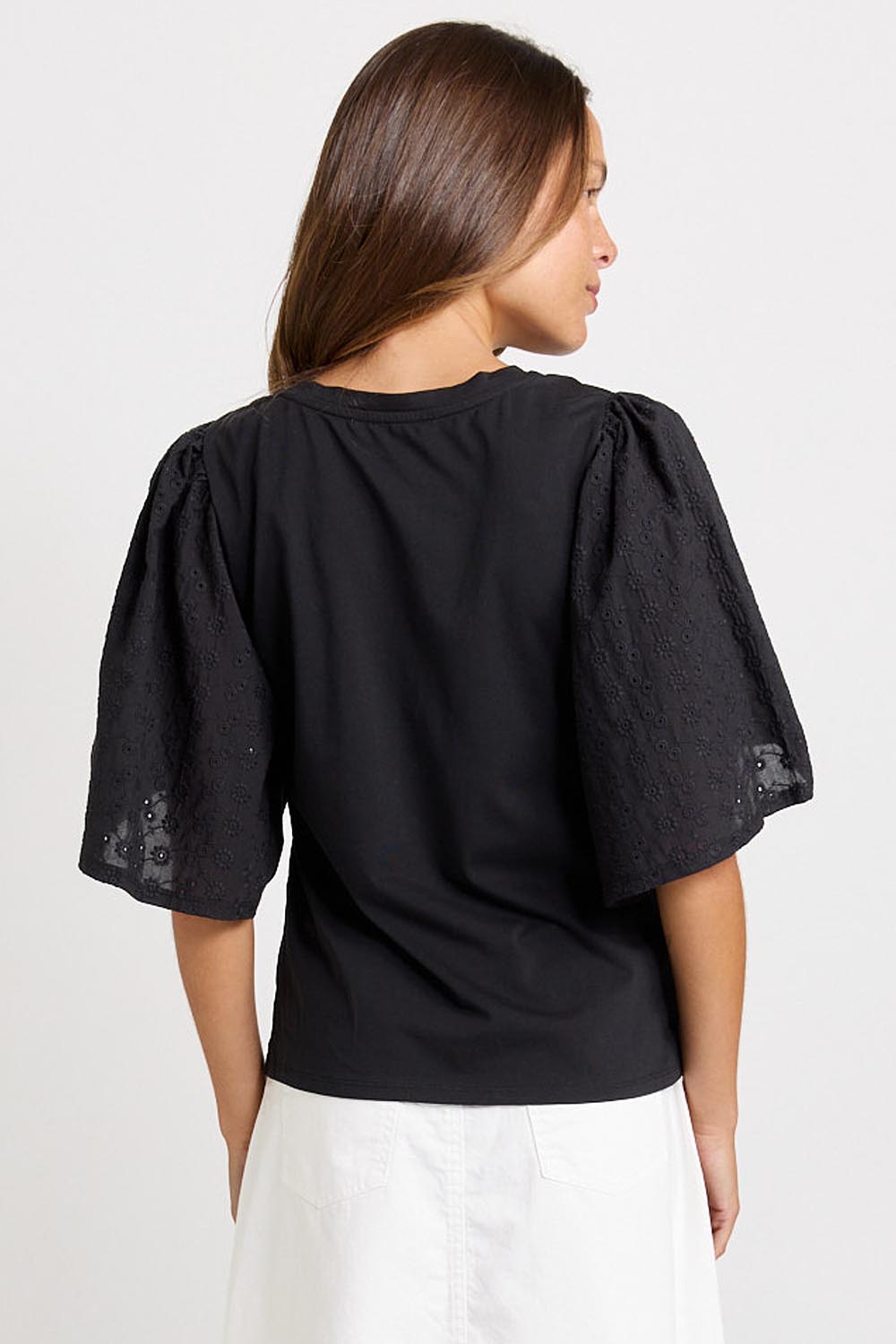 Model Genericm wearing size sample of the Bianca Broderie T-Shirt – Black in colour Black, from the back