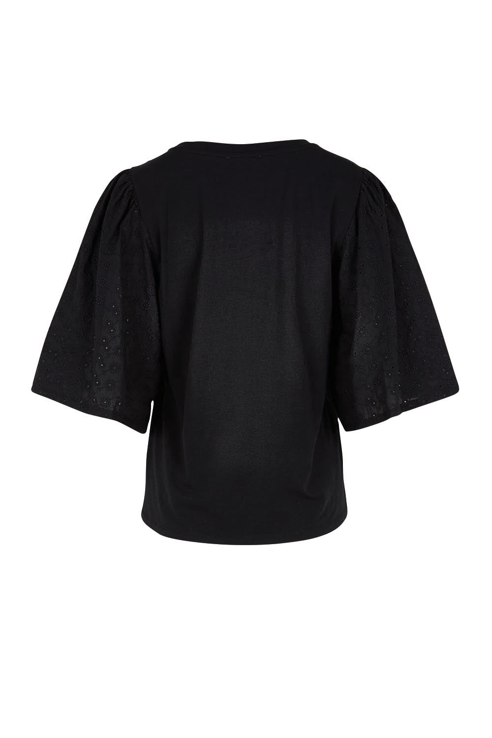 Product shot of the Bianca Broderie T-Shirt – Black in colour Black, from the back