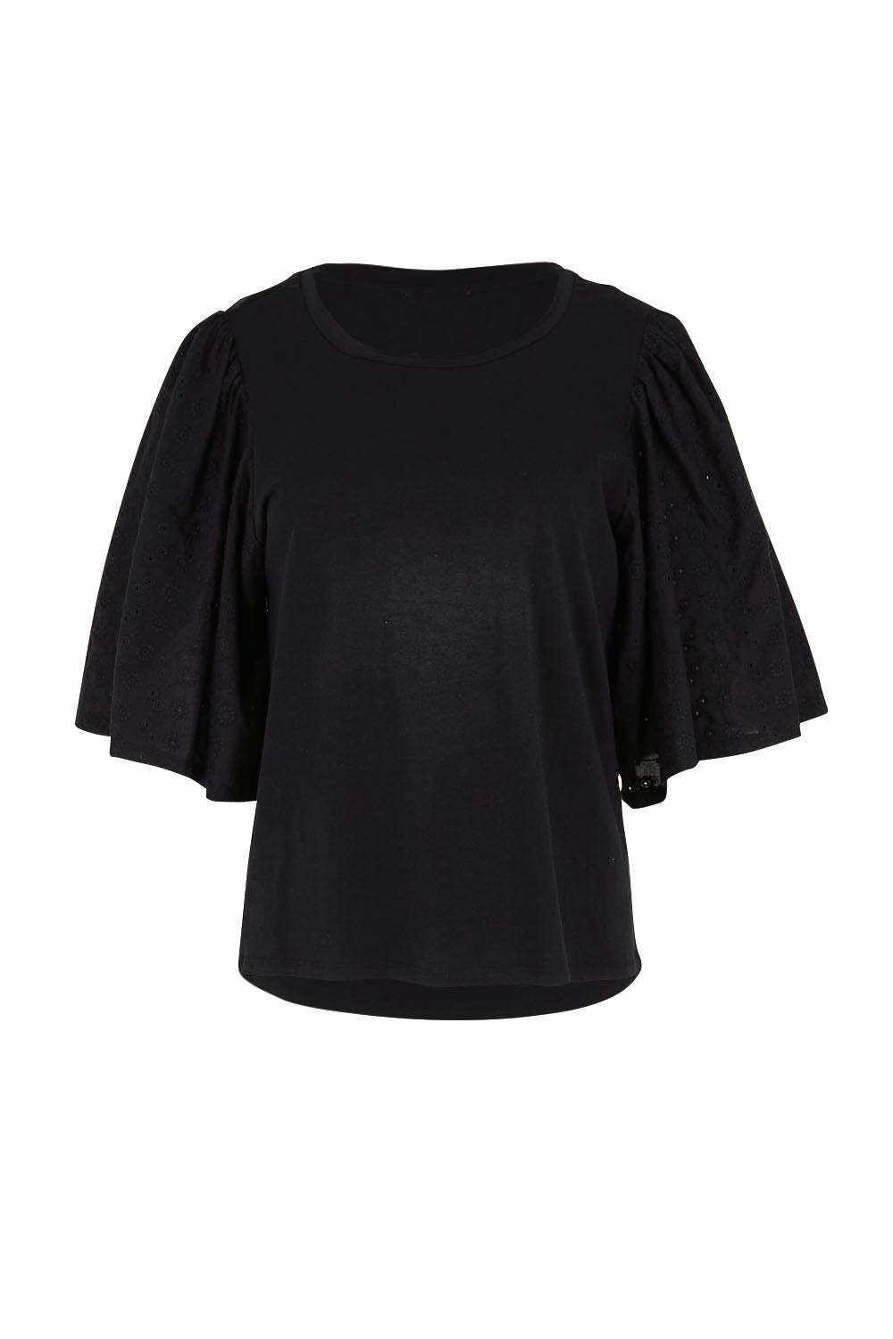 Product shot of the Bianca Broderie T-Shirt – Black in colour Black, from the front