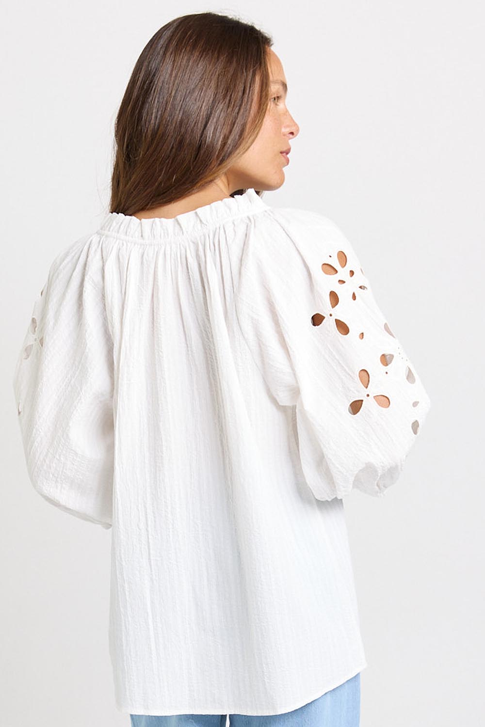 Model Genericm wearing size sample of the Daisy Broderie Blouse – White in colour White, from an angle