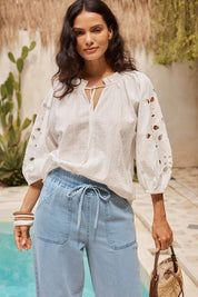 Model Genericm wearing size sample of the Daisy Broderie Blouse – White in colour White, from an angle