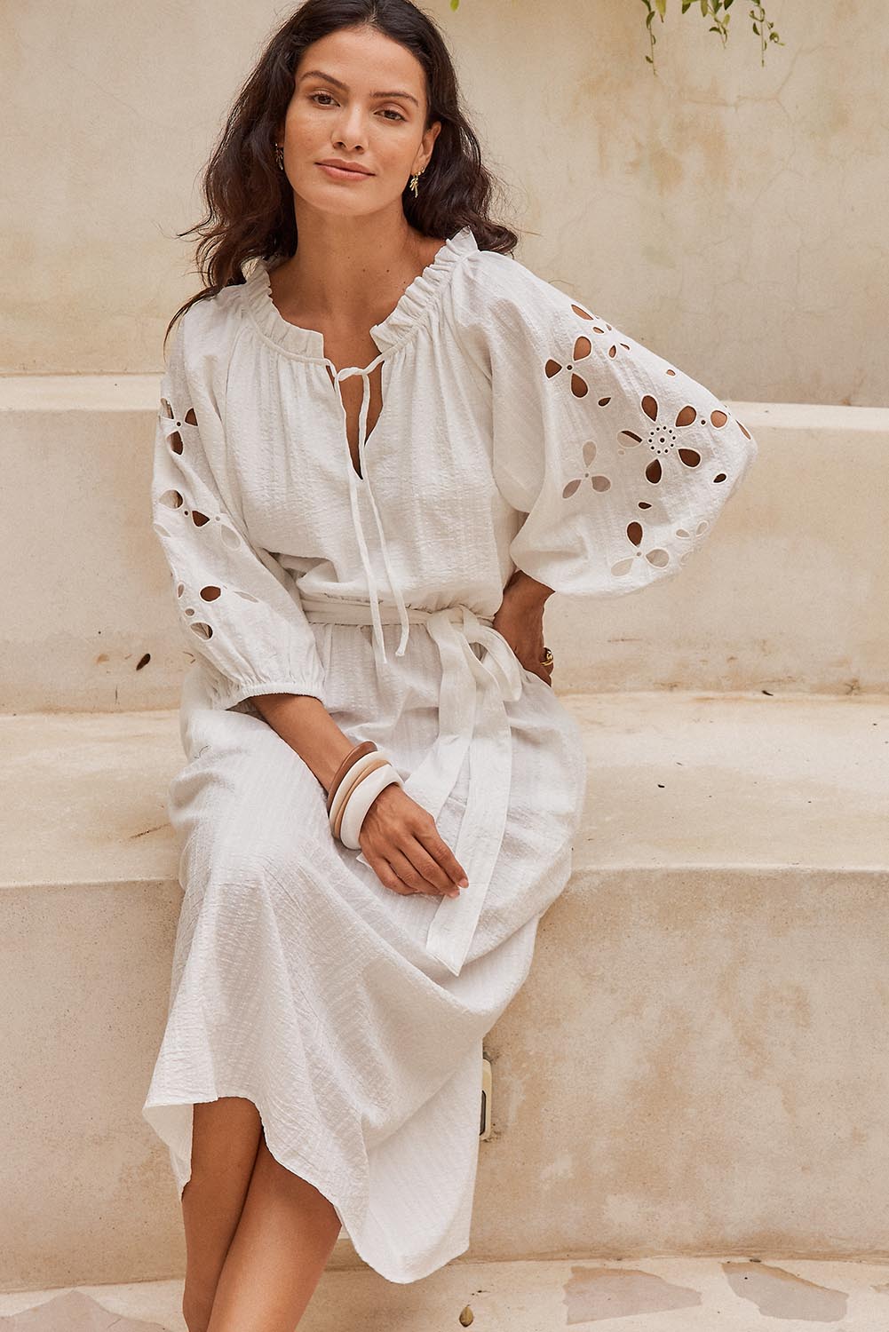 Model Genericm wearing size sample of the Daisy Broderie Dress - White in colour White, from the front
