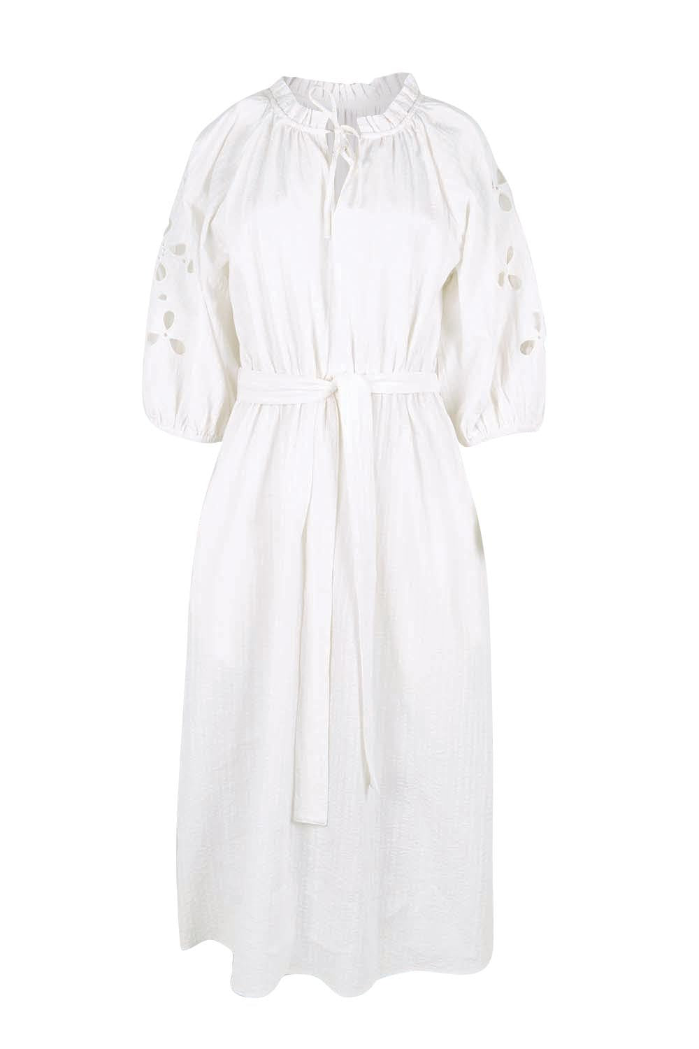 Product shot of the Daisy Broderie Dress - White in colour White, from the front