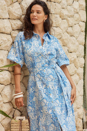 Model Genericm wearing size sample of the Lucy Shirt Dress – Blueshell in colour Blueshell, from an angle