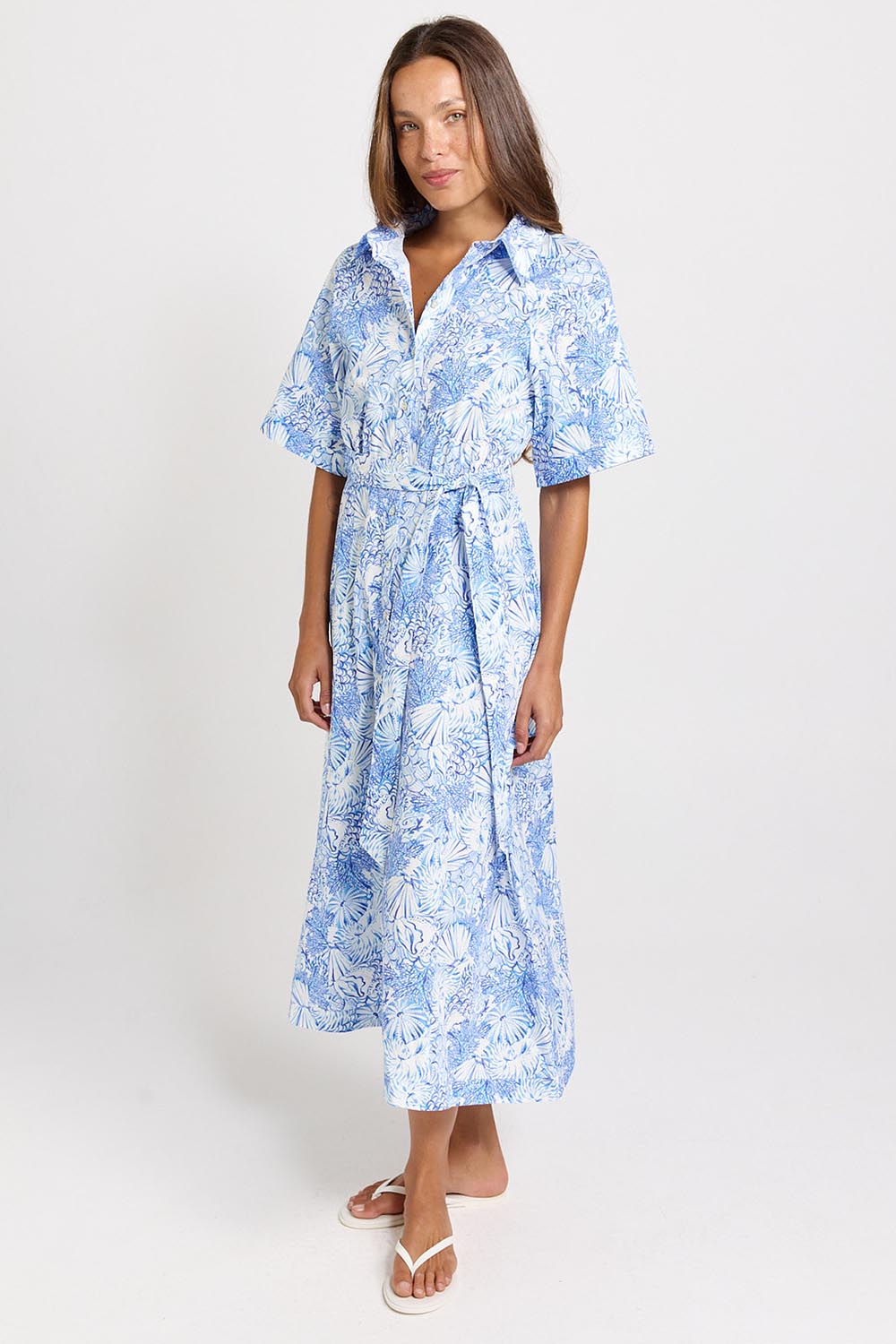 Model Genericm wearing size sample of the Lucy Shirt Dress – Blueshell in colour Blueshell, from the front