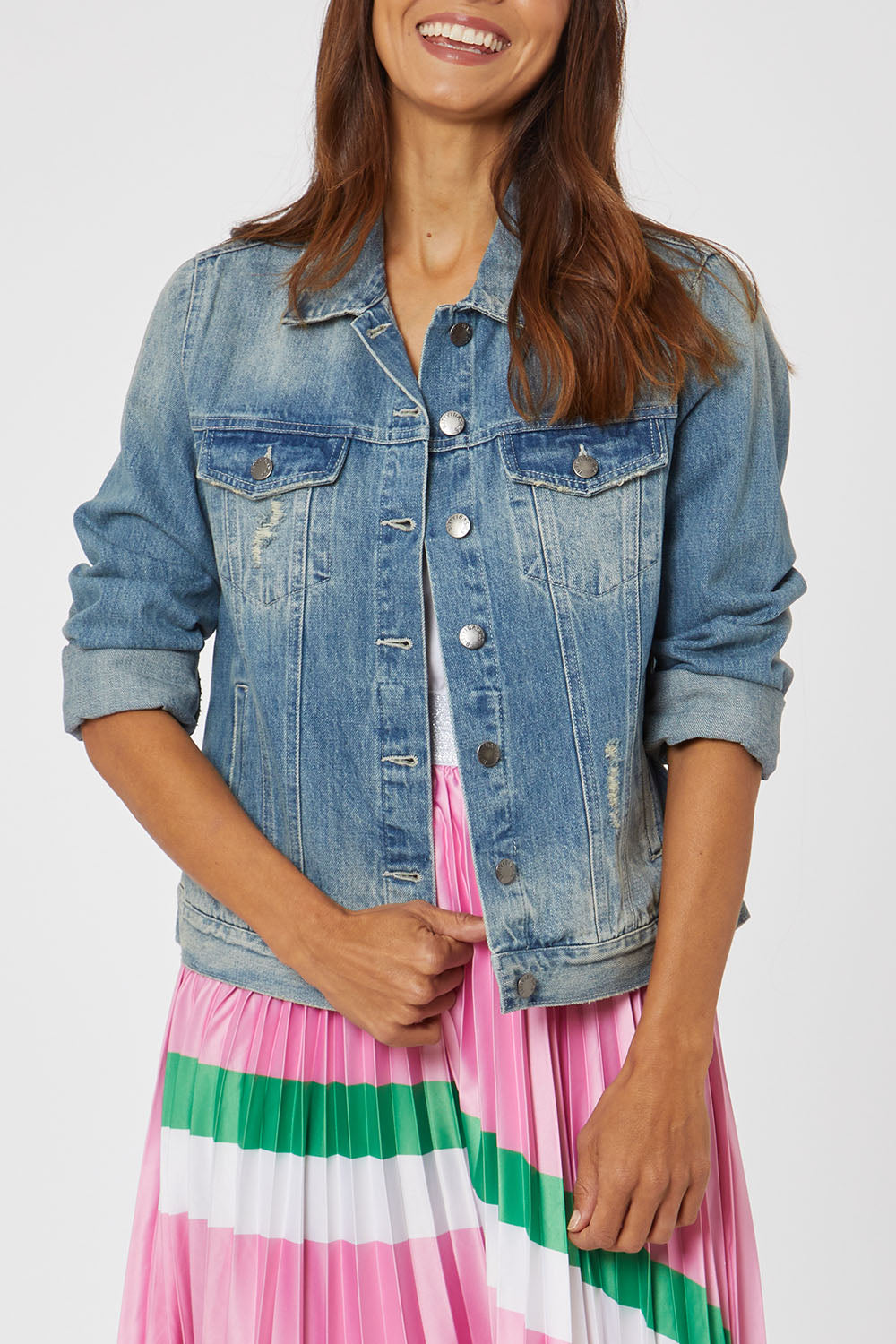 Model Cara wearing size 10 of the Hudson Denim Jacket in colour Vintage (Blue), from the front, cropped image