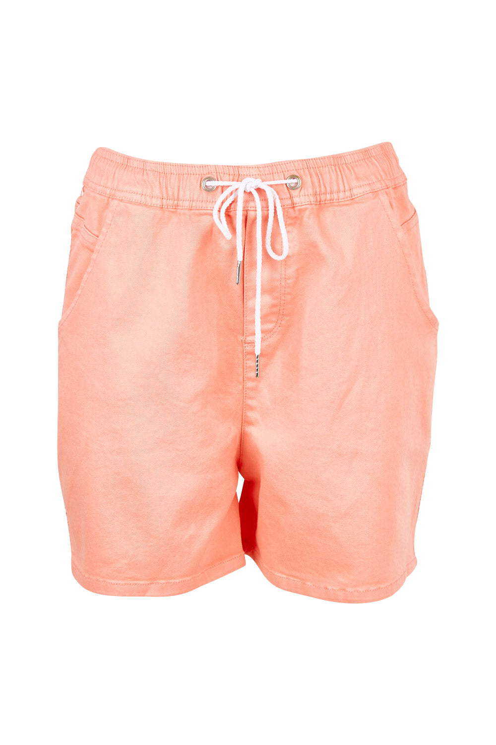 Product shot of the Debbie Denim Jogger Shorts in colour Peachpink (Pink), from the front