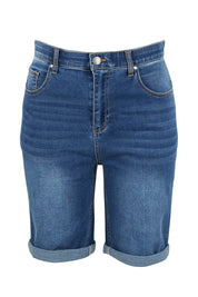Product shot of the Bonnie Bermuda Denim in colour Indigo (Blue), from the front