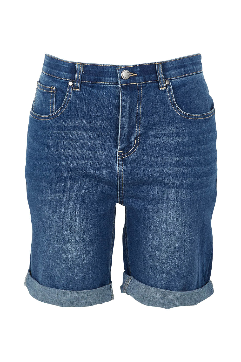 Product shot of the Bonnie Bermuda Denim Short in colour Indigo (Blue), from the front
