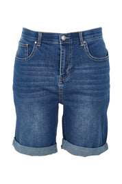 Product shot of the Bonnie Bermuda Denim Short in colour Indigo (Blue), from the front
