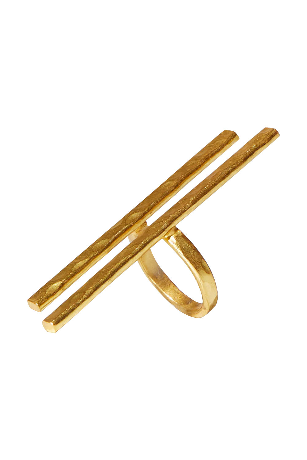 Product shot of the Adjustable Hammered Brass Double Bar Ring in colour Goldbrass (Metallics), from the front
