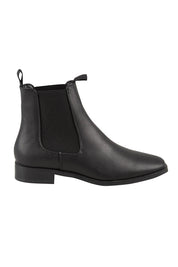 Product shot of the Vegan Leather Pull On Flat Boot in colour Black (Black), from the front