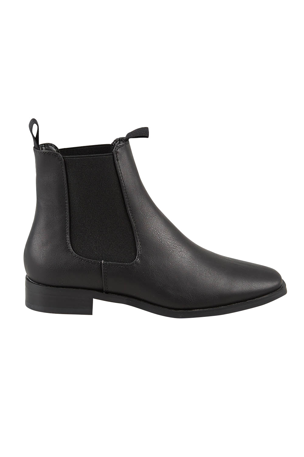 Product shot of the Vegan Leather Pull On Flat Boot in colour Black (Black), from the front