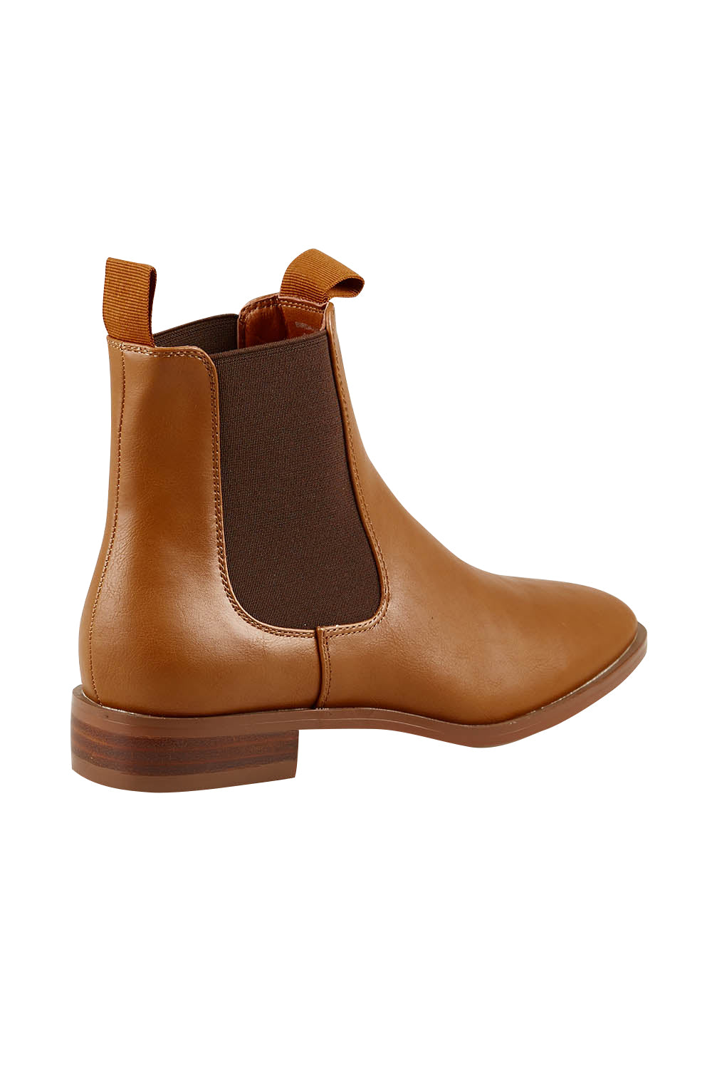 Product shot of the Vegan Leather Pull On Flat Boot in colour Tan, from the back