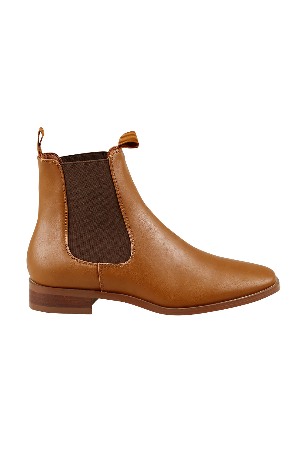 Product shot of the Vegan Leather Pull On Flat Boot in colour Tan, from the front