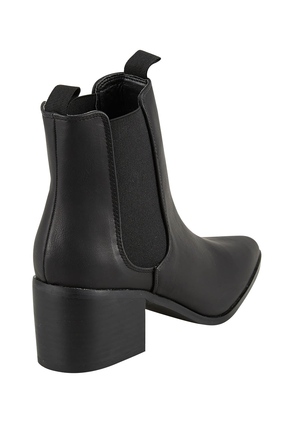 Product shot of the Vegan Leather Pull On Heeled Boot in colour Black (Black), from the back