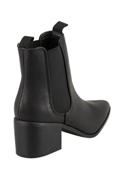 Product shot of the Vegan Leather Pull On Heeled Boot in colour Black (Black), from the back
