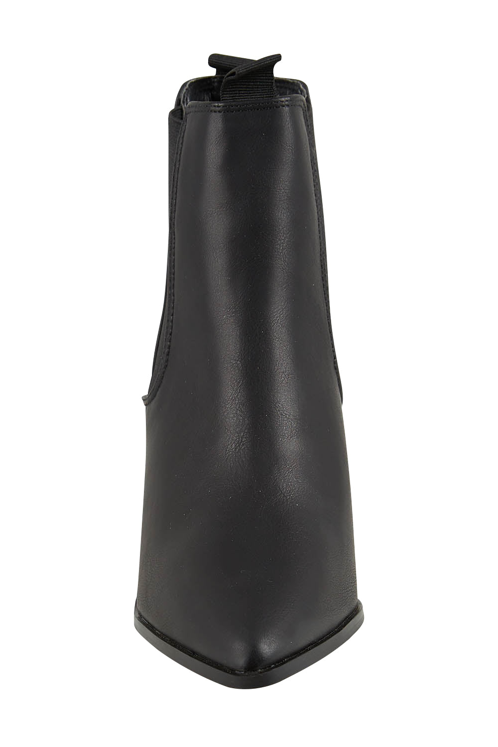 Product shot of the Vegan Leather Pull On Heeled Boot in colour Black (Black), detail