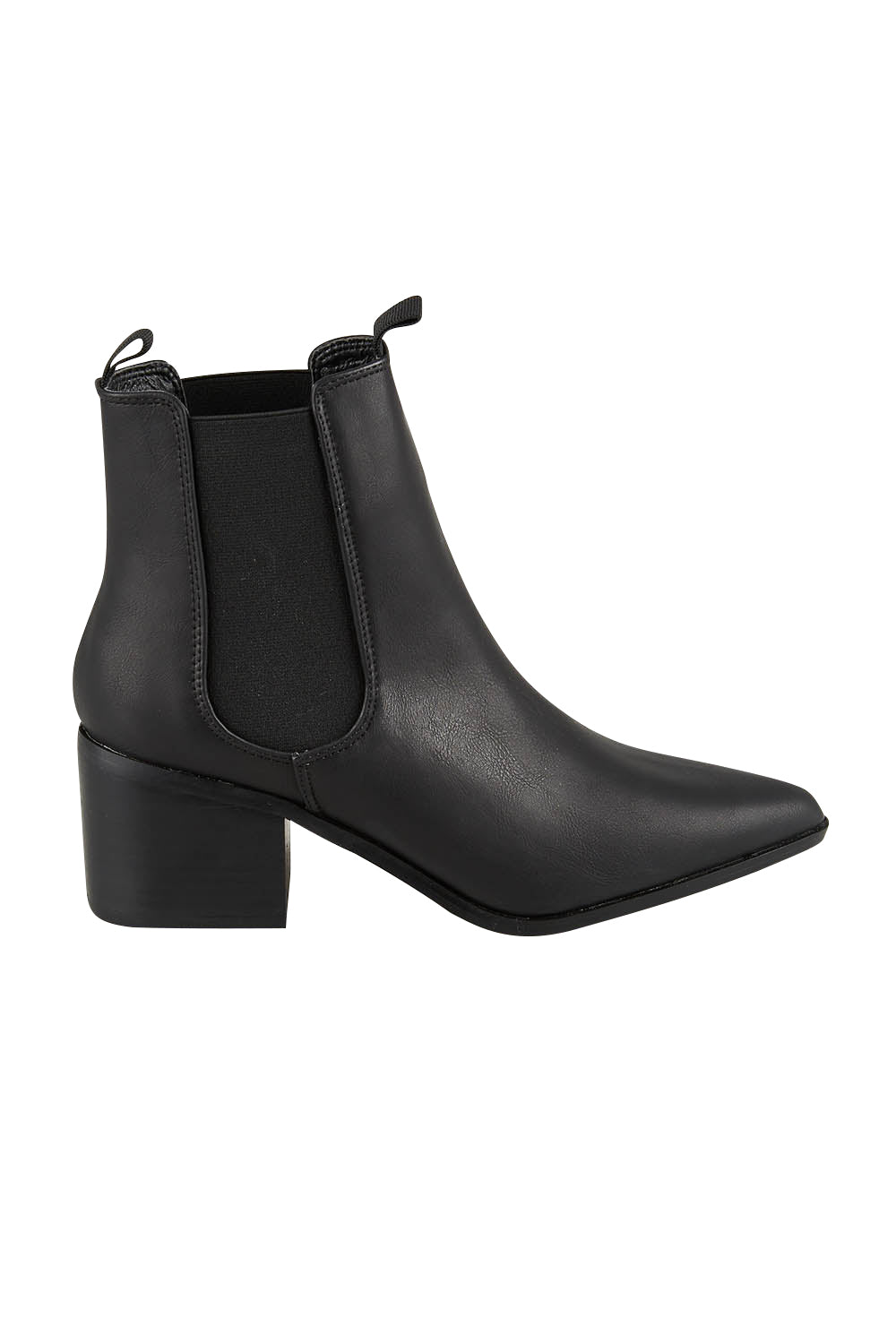 Product shot of the Vegan Leather Pull On Heeled Boot in colour Black (Black), from the front
