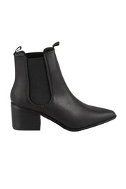 Product shot of the Vegan Leather Pull On Heeled Boot in colour Black (Black), from the front
