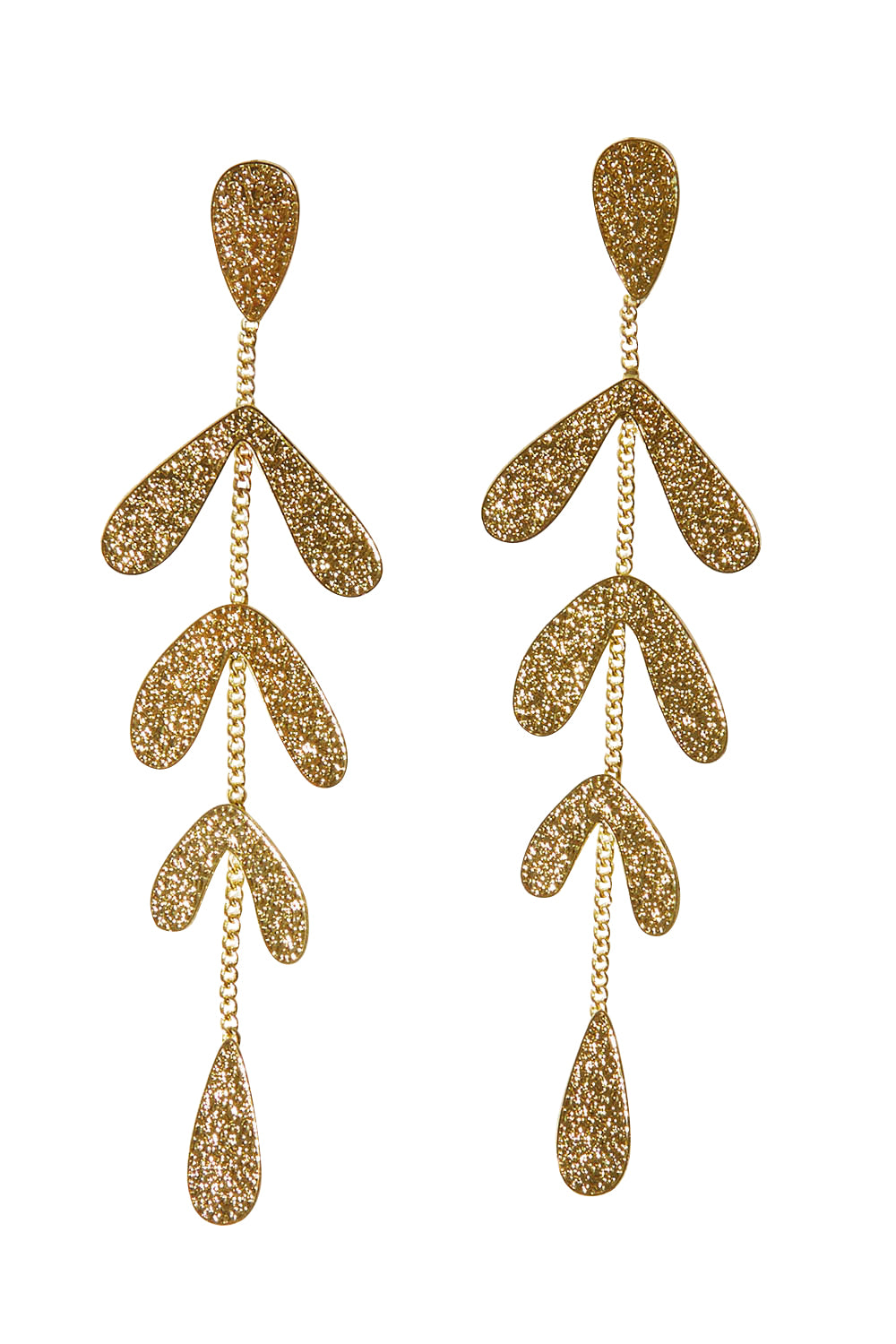 Product shot of the Leaf Long Drop Earrings in colour Gold (Metallics), from the front