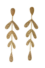 Product shot of the Leaf Long Drop Earrings in colour Gold (Metallics), from the front