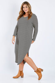 Model Fiona wearing size 16 of The Casual Comfort Maxi in colour Stripe (Black), from the front, showing the whole outfit