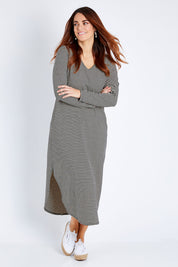 Model Laura wearing size 12 of The Casual Comfort Maxi in colour Stripe (Black), from the front, showing the whole outfit