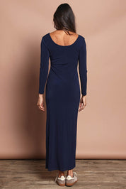 Model Amanda wearing size 10 of The Long Sleeve Comfort Maxi in colour Navy (Blue), from the back