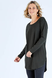 Model Chelsea wearing size 10 of The Cotton Long Sleeve Boyfriend Tee in colour Khaki (Green), from the front, cropped image