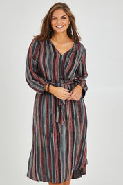 Model Monique wearing size 14 of The Wrap Front Midi Dress in colour Multistrip (Black), from the front, cropped image