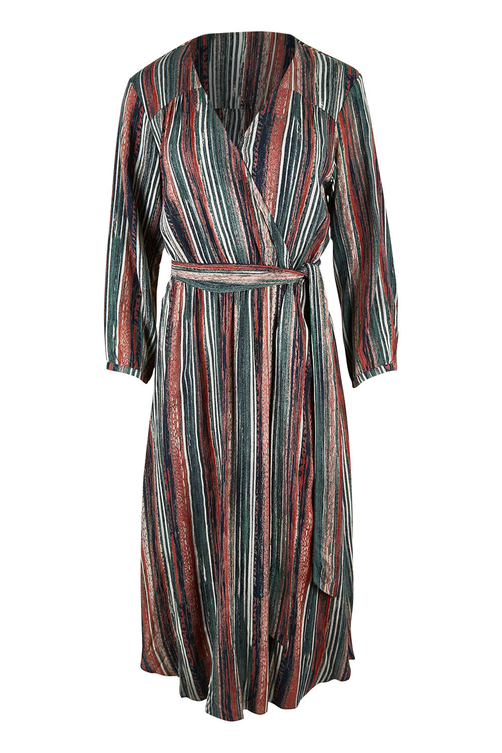 Product shot of The Wrap Front Midi Dress in colour Multistrip (Black), from the front