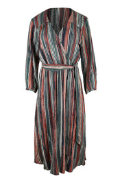 Product shot of The Wrap Front Midi Dress in colour Multistrip (Black), from the front