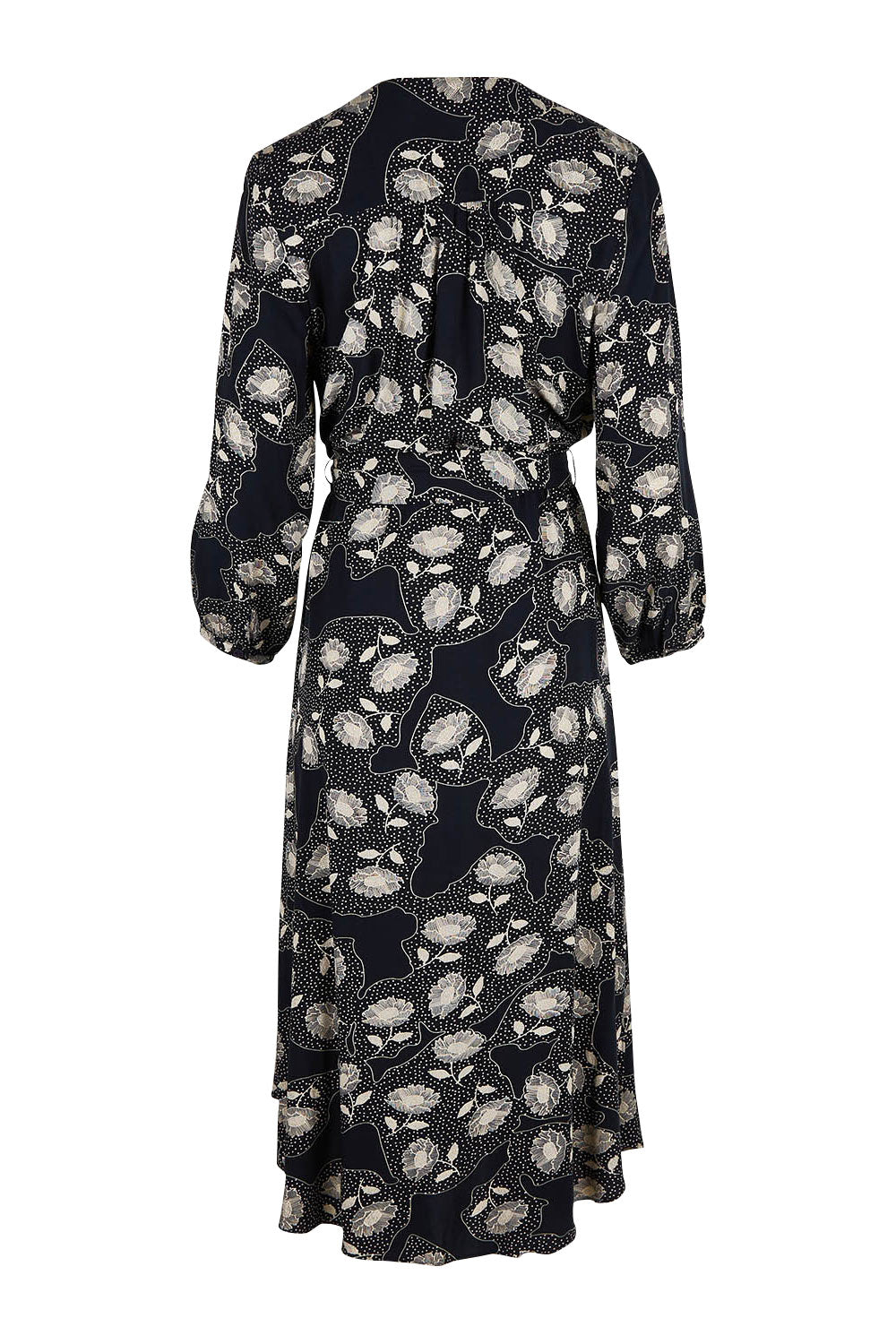 Product shot of The Wrap Front Midi Dress in colour Navytaupe (Blue), from the back