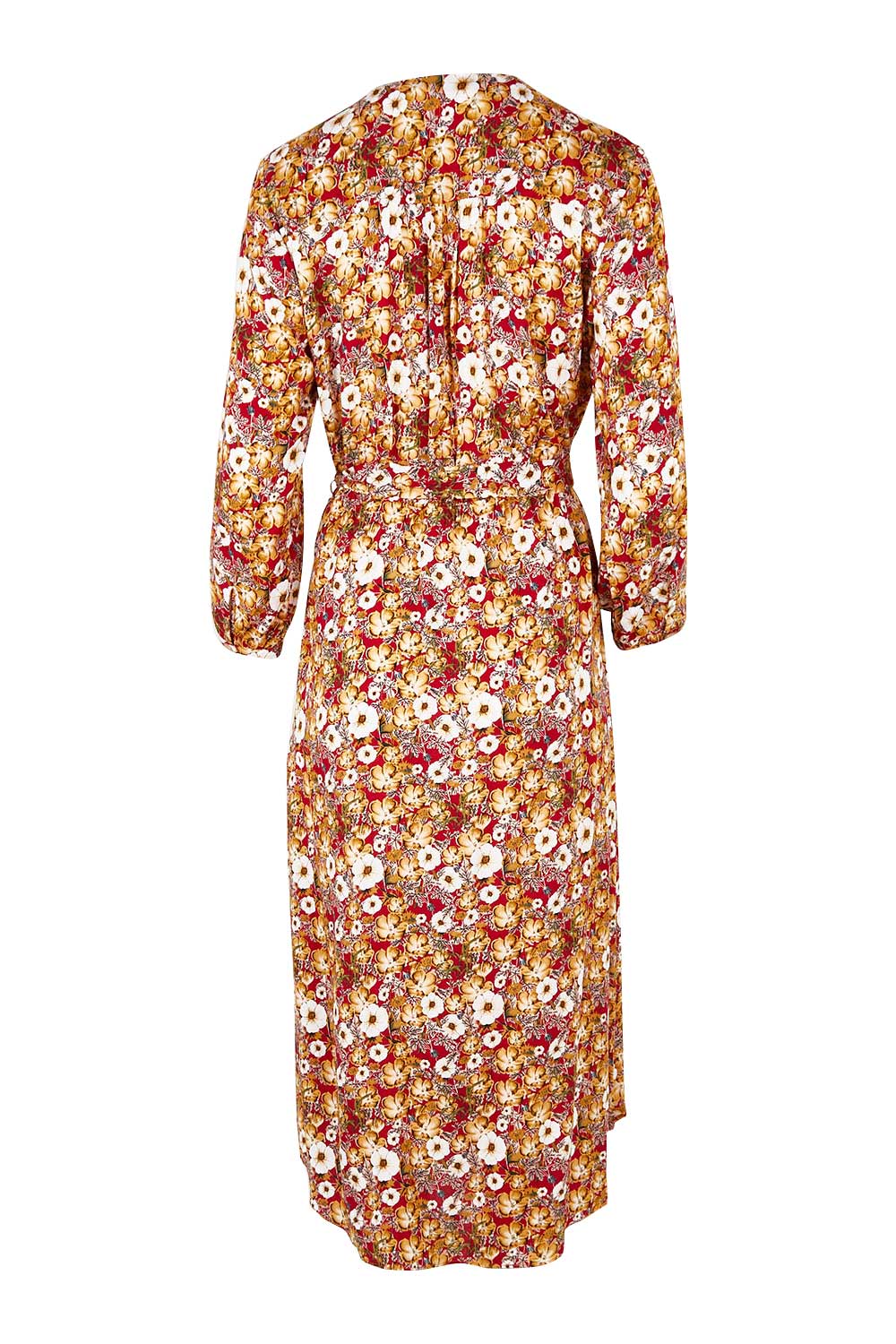 Product shot of The Wrap Front Midi Dress in colour Redfloral (Red), from the back