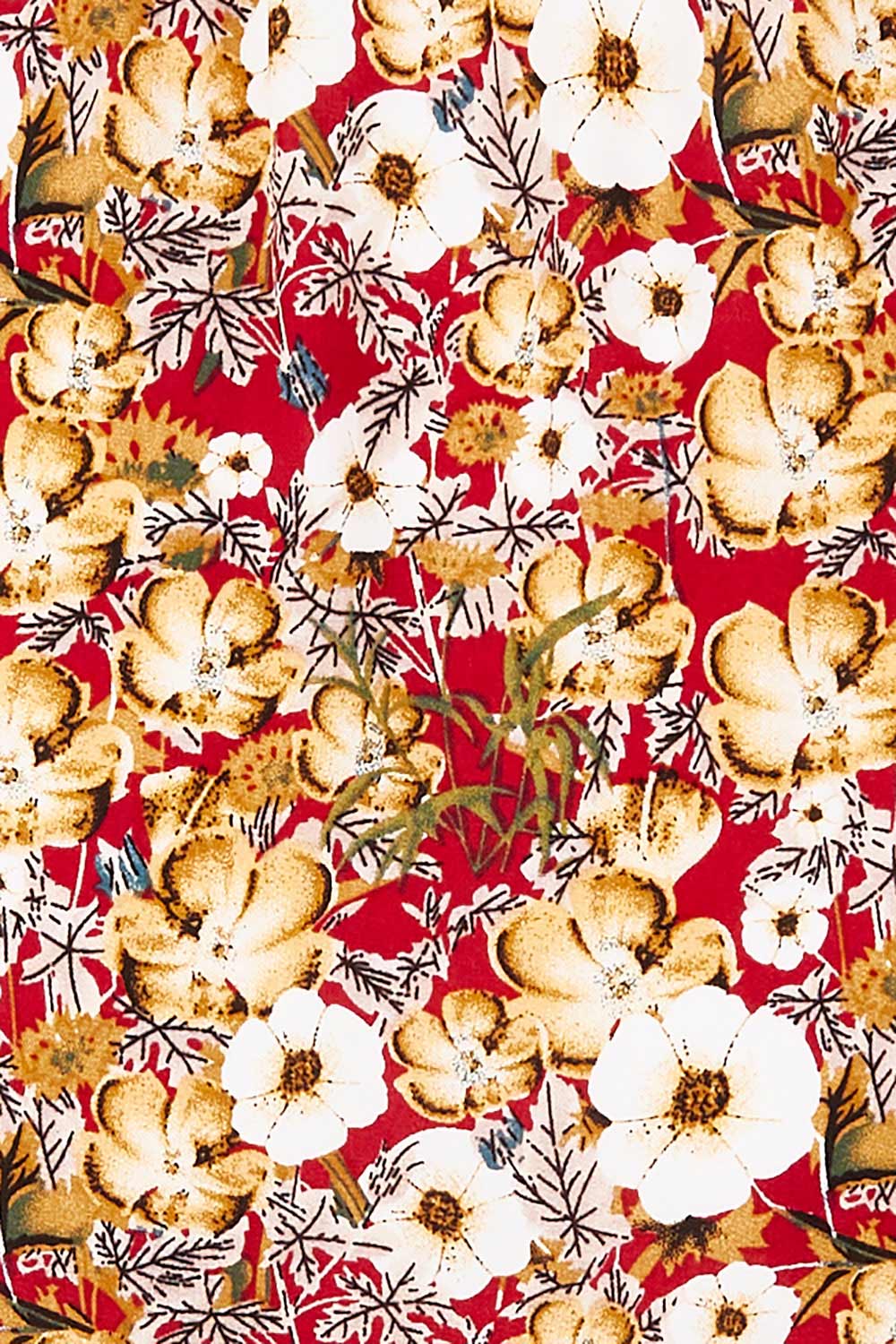 Product shot of The Wrap Front Midi Dress in colour Redfloral (Red), detail