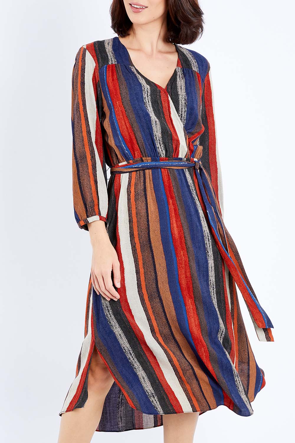 Model Andrea wearing size 10 of The Wrap Front Midi Dress in colour Stripe (Blue), from the front, cropped image